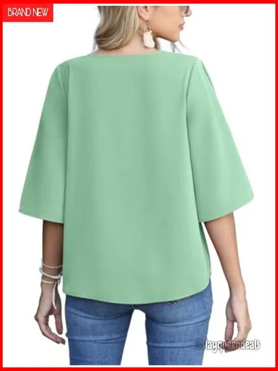 Casual V-Neck Batwing Sleeve Chiffon Blouse Tie Front Button Down - Picture 2 of 4